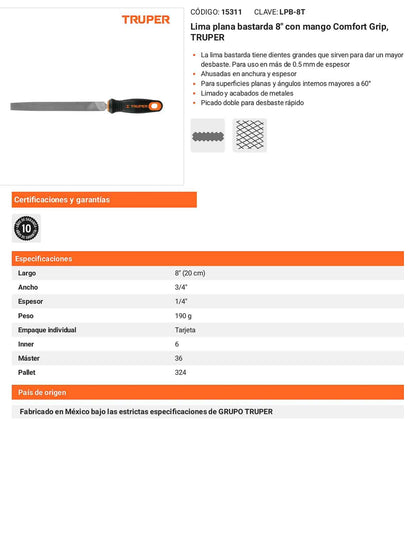 Lima Plana Bastarda 8 pulg Comfort Grip