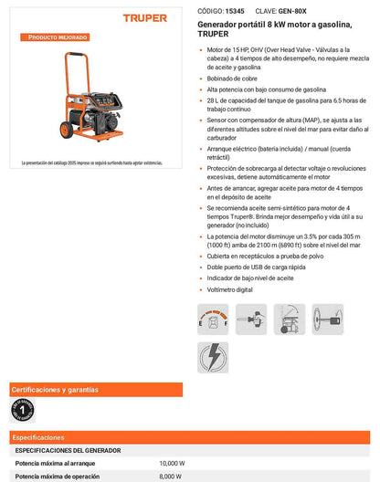 Generador portátil 8 kW a gasolina