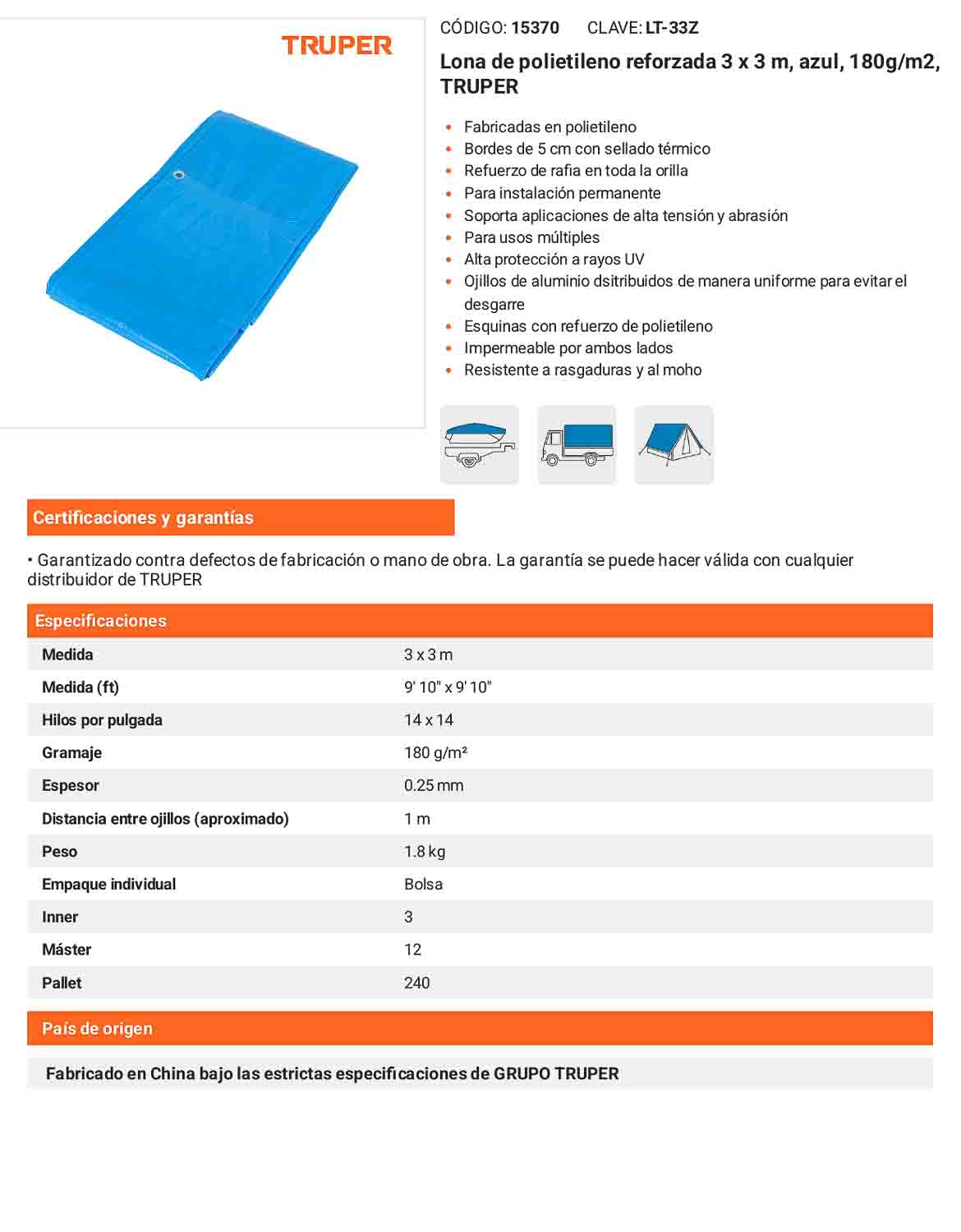 Lona Polietileno Reforzada 3x3 m Azul 180g