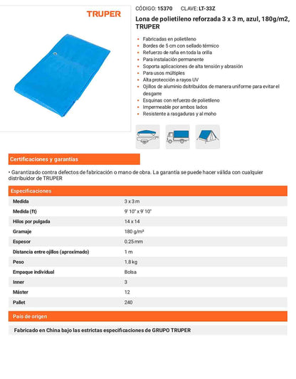Lona Polietileno Reforzada 3x3 m Azul 180g