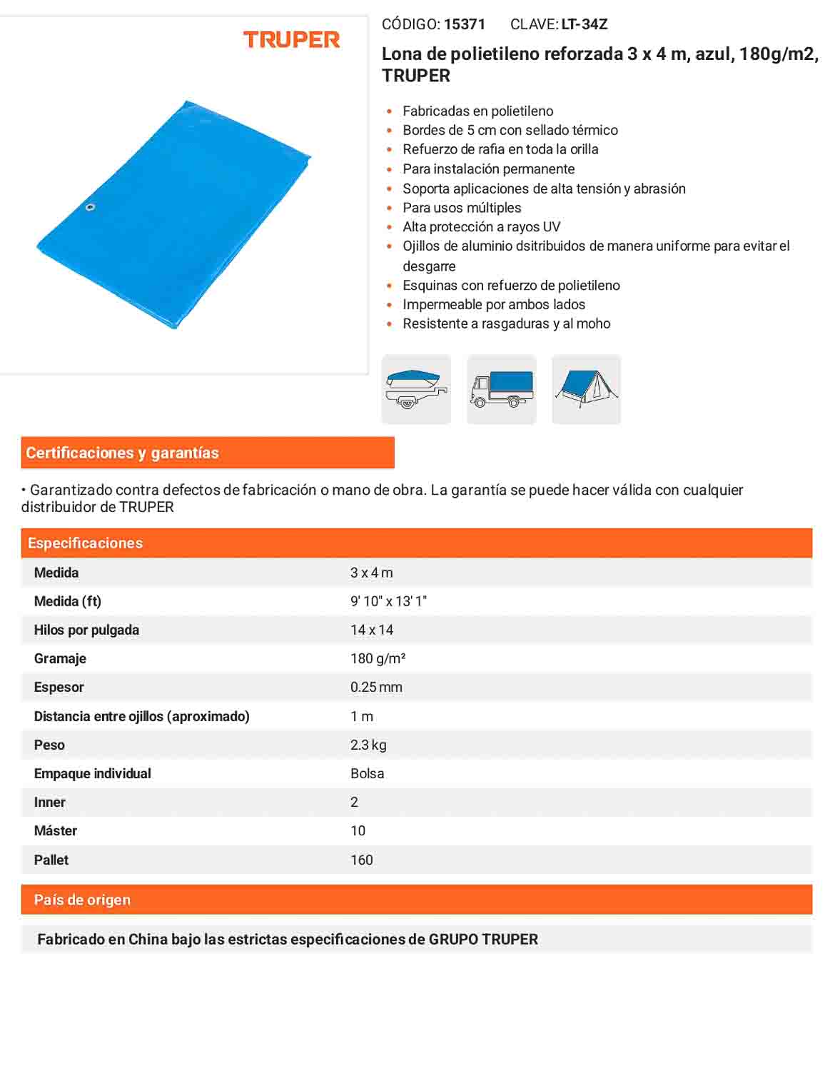 Lona Polietileno Reforzada 3x4 m Azul 180g