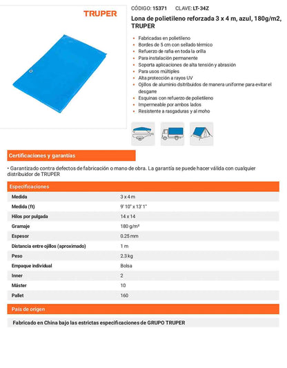 Lona Polietileno Reforzada 3x4 m Azul 180g