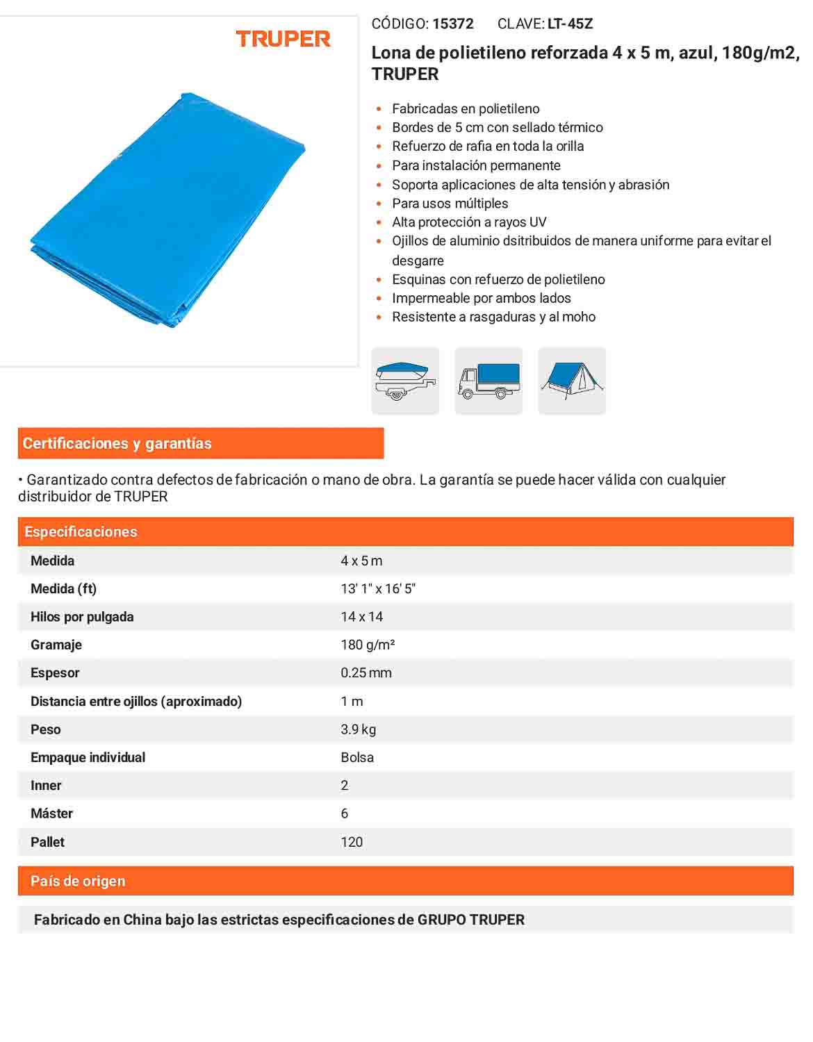 Lona Polietileno Reforzada 4x5 m Azul 180g