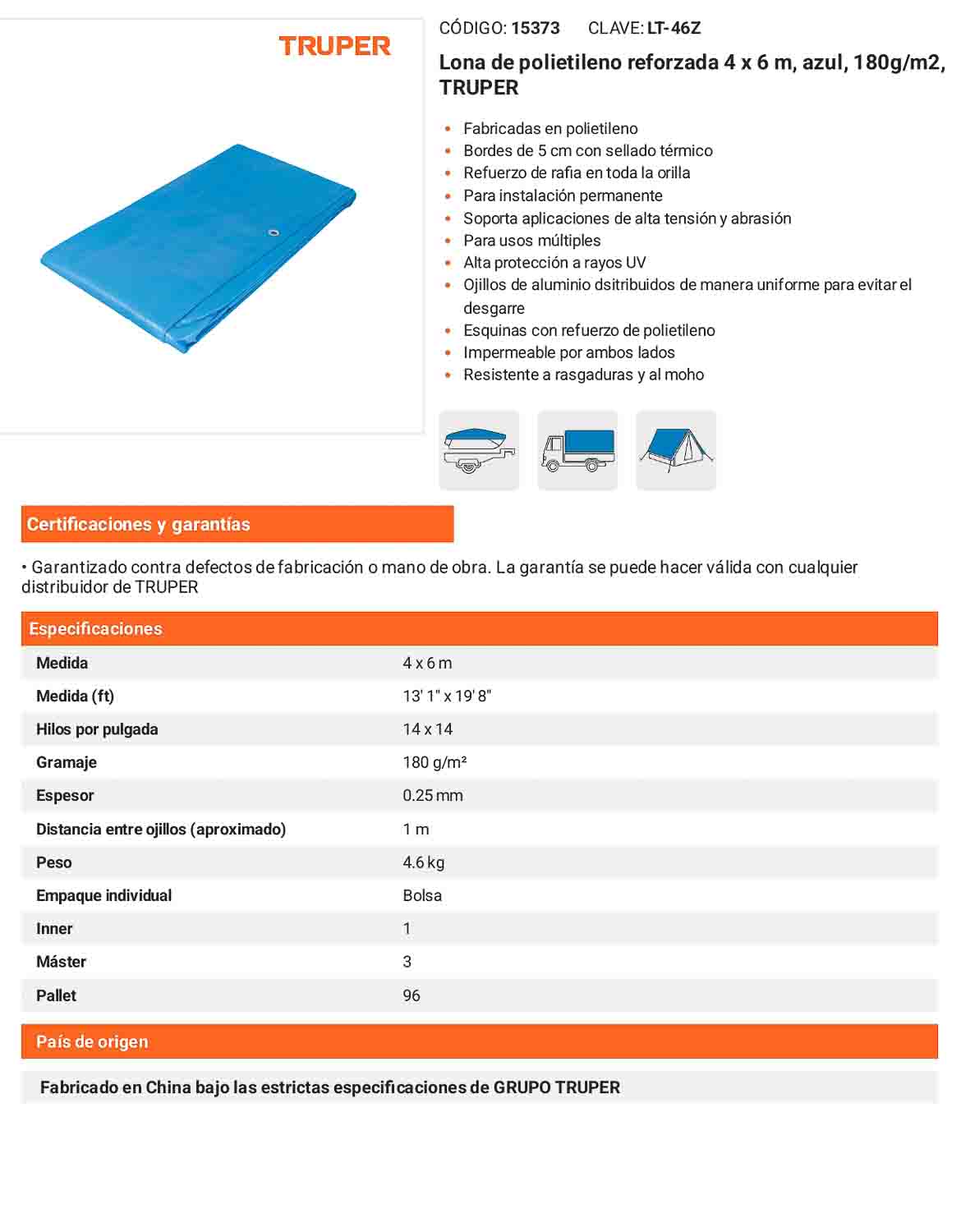 Lona Polietileno Reforzada 4x6 m Azul 180g