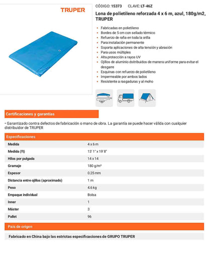 Lona Polietileno Reforzada 4x6 m Azul 180g