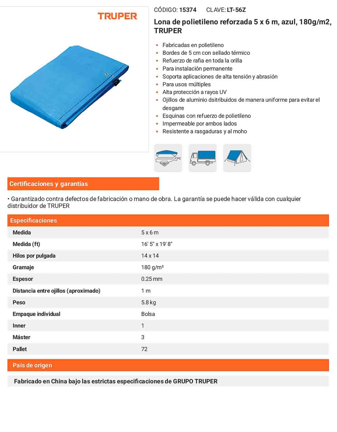 Lona Polietileno Reforzada 5x6 m Azul 180g