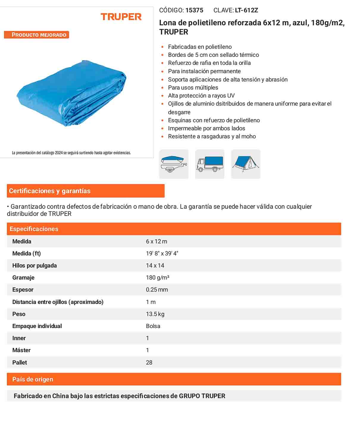 Lona Polietileno Reforzada 6x12 m Azul 180g
