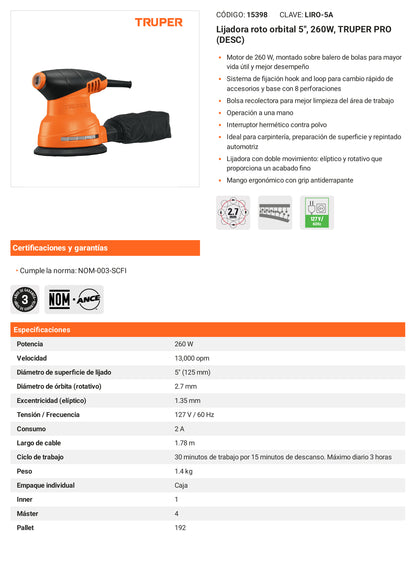 Ficha tecnica - Lijadora roto orbital 5 pulg 260W - SKU 15398