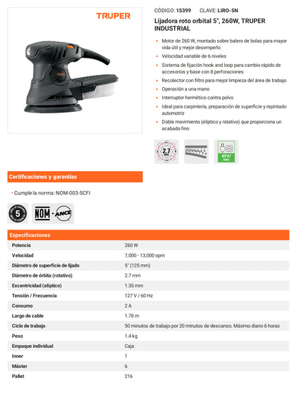Ficha tecnica - Lijadora roto orbital 5 pulg 260W INDUSTRIAL - SKU 15399