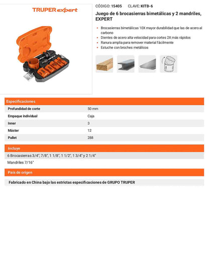 Juego 6 brocasierras bimetalicas con mandril