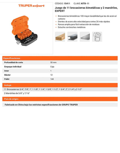 Juego 11 brocasierras bimetalicas con mandril