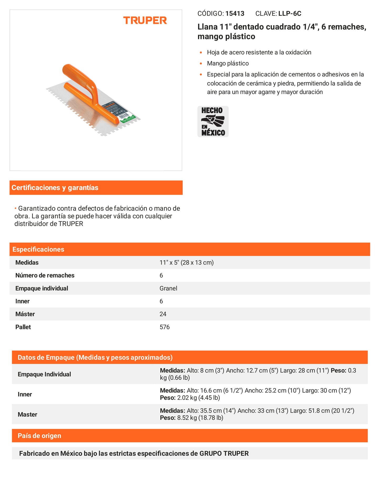 Ficha tecnica - Llana 11 pulg dentado cuadrado 1/4 pulg 6 remaches - SKU 15413