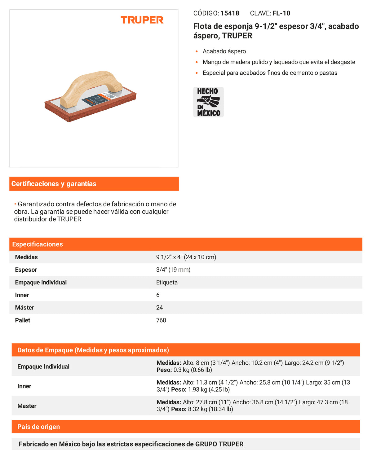 Ficha tecnica - Flota de esponja 9-1/2 pulg espesor 3/4 pulg - SKU 15418