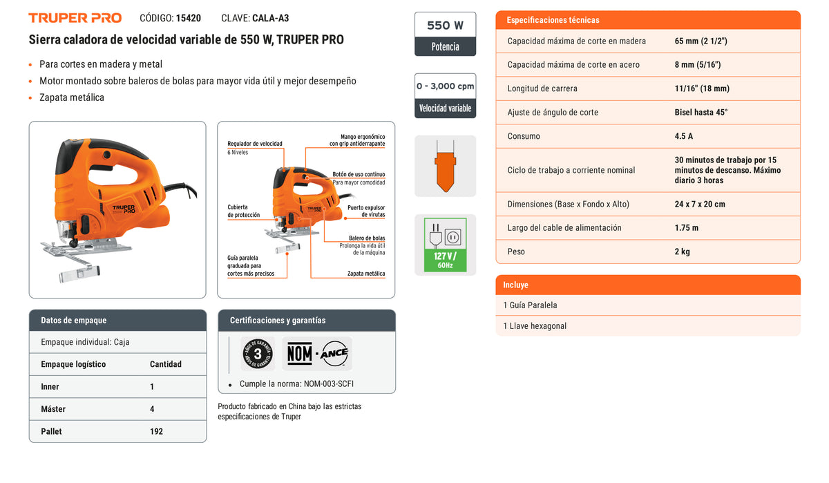 Ficha tecnica - Sierra caladora de velocidad variable - SKU 15420