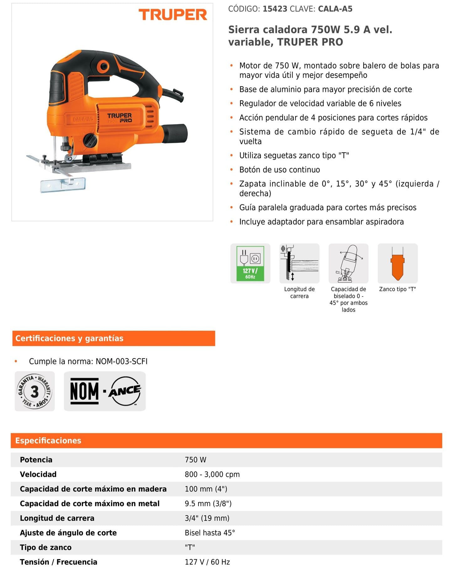 Sierra caladora de 750 W con velocidad variable y zapata inclinable