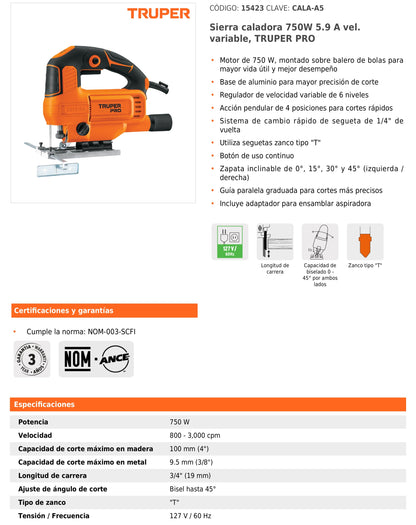 Sierra caladora de 750 W con velocidad variable y zapata inclinable