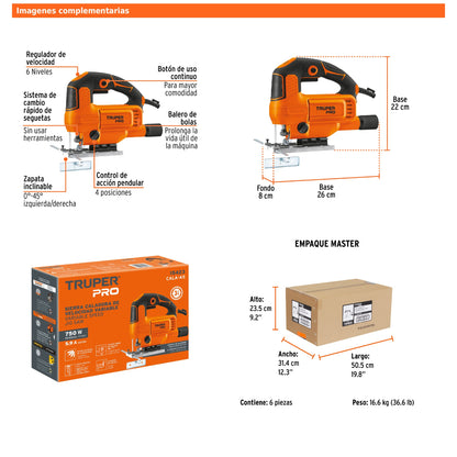 Sierra caladora de 750 W con velocidad variable y zapata inclinable