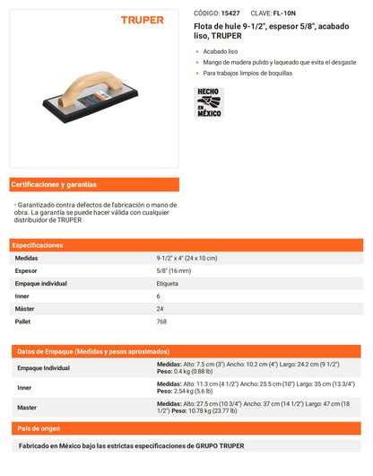 Ficha tecnica - Flota de hule 9-1/2 pulg espesor 5/8 pulg acabado - SKU 15427