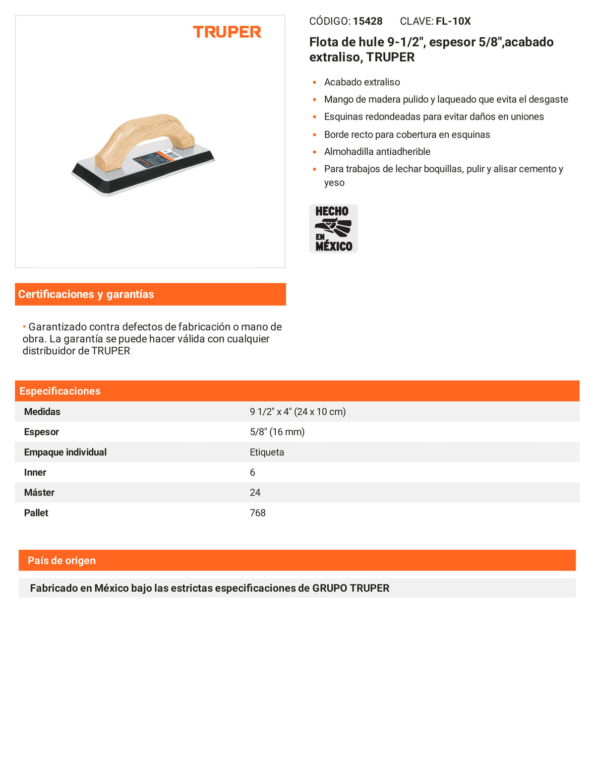 Ficha tecnica - Flota de hule 9-1/2 pulg espesor 5/8 pulg - SKU 15428