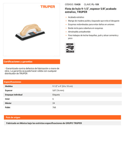 Ficha tecnica - Flota de hule 9-1/2 pulg espesor 5/8 pulg - SKU 15428
