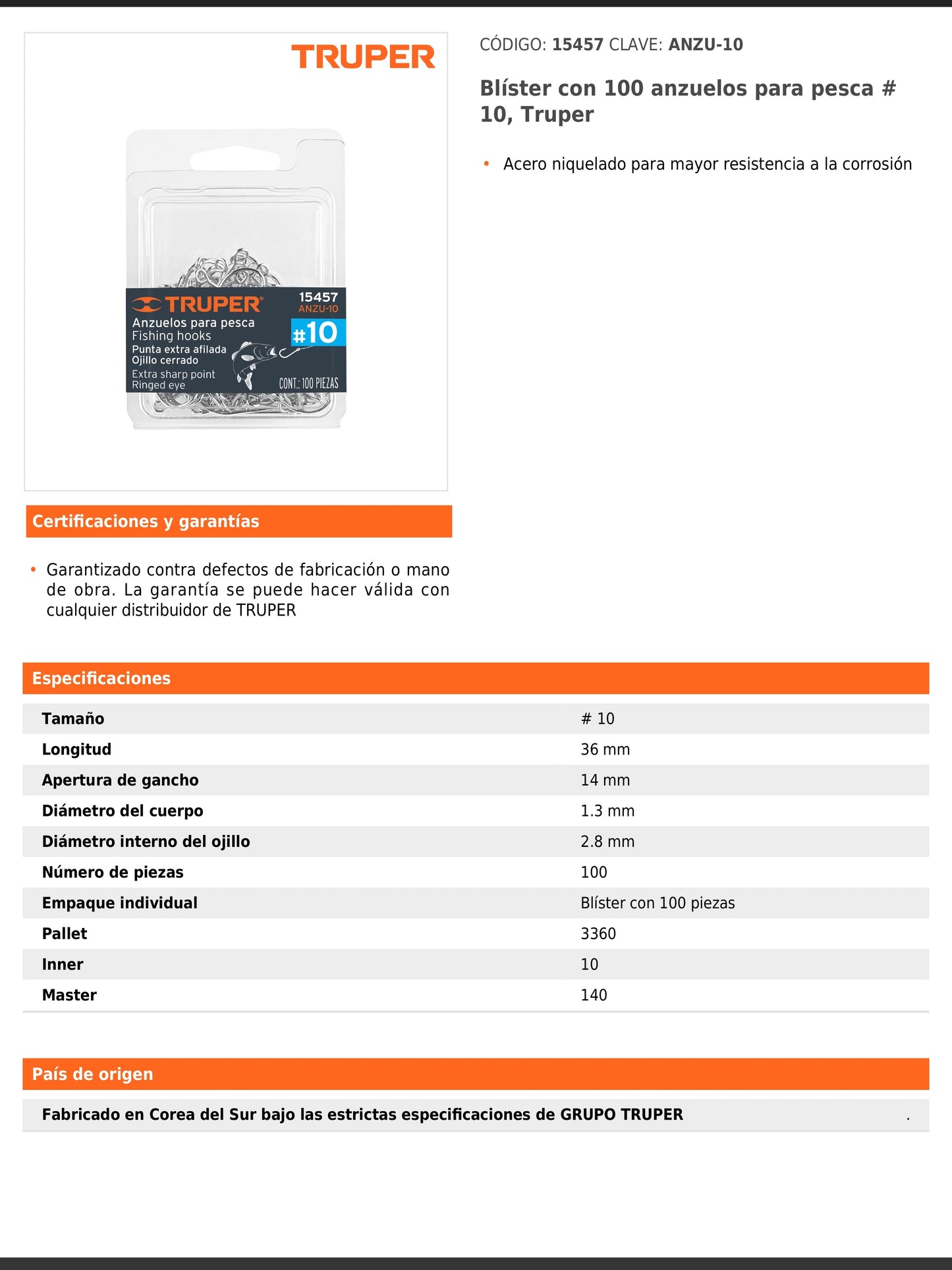 Blíster con 100 anzuelos de pesca número 10