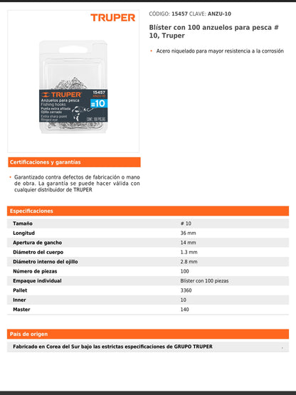 Blíster con 100 anzuelos de pesca número 10