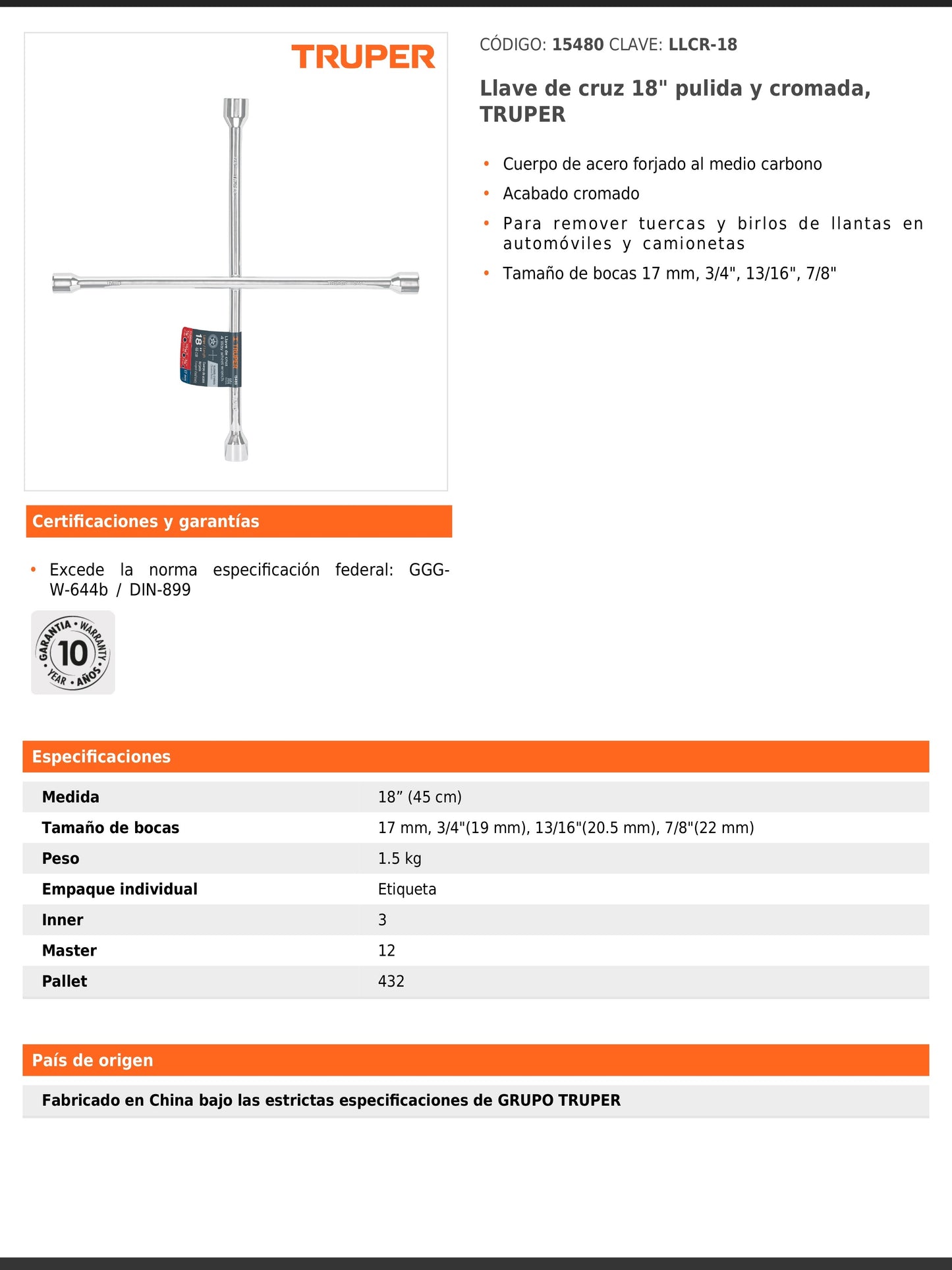 Llave de cruz de 45 cm pulida y cromada