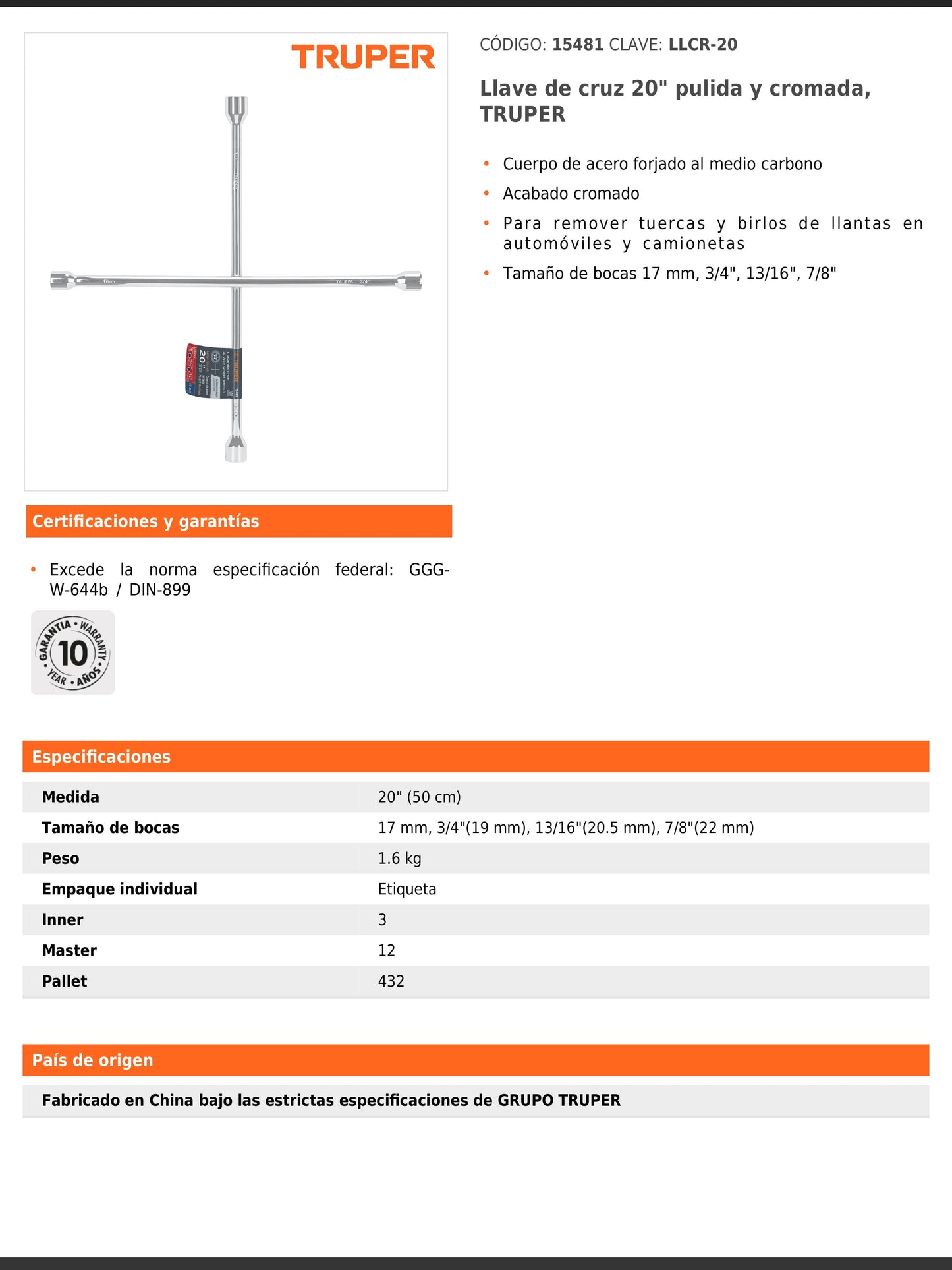 Llave de cruz de 50 cm pulida y cromada