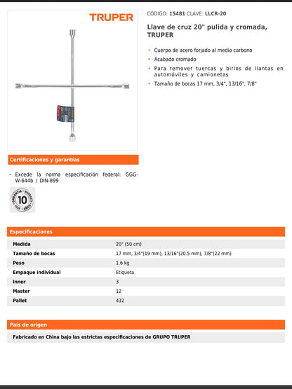 Llave de cruz de 50 cm pulida y cromada
