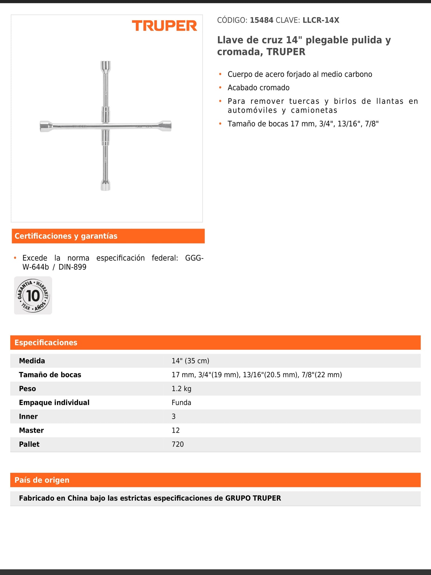 Llave de cruz de 35 cm plegable pulida y cromada