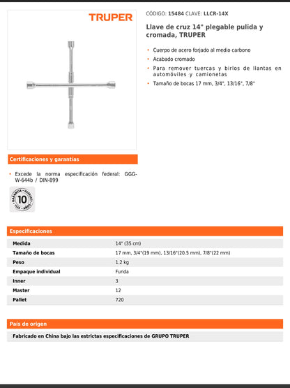 Llave de cruz de 35 cm plegable pulida y cromada