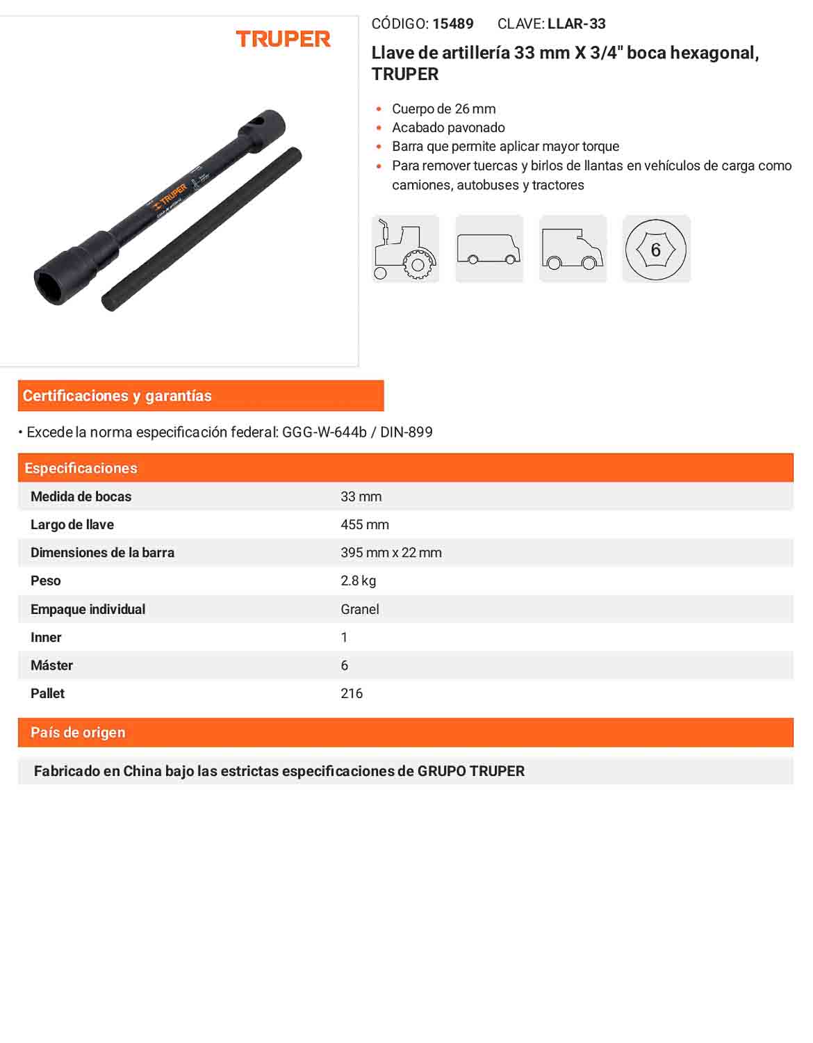 Llave de artilleria 33 mm con boca hexagonal