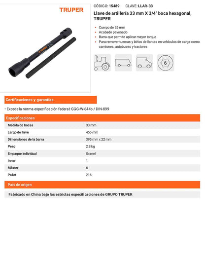 Llave de artilleria 33 mm con boca hexagonal