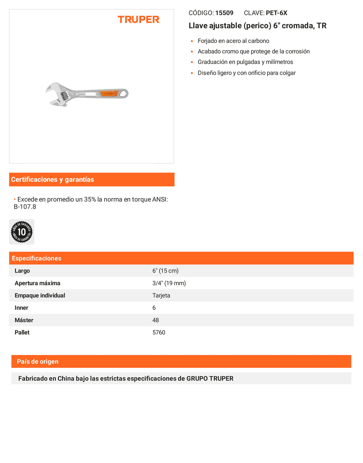 Ficha tecnica - Llave ajustable (perico) 6 pulg cromada TR - SKU 15509