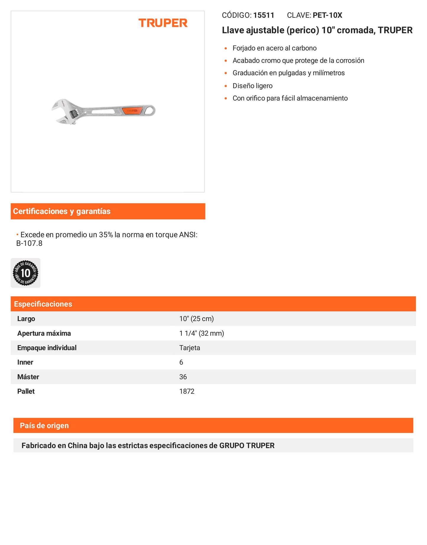 Ficha tecnica - Llave ajustable (perico) 10 pulg cromada PET-10X - SKU 15511
