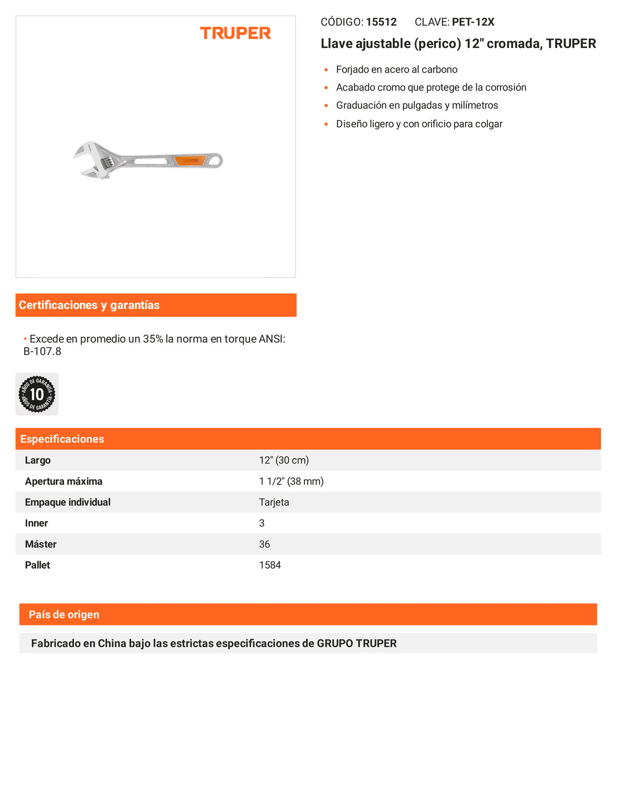 Ficha tecnica - Llave ajustable (perico) 12 pulg cromada PET-12X - SKU 15512