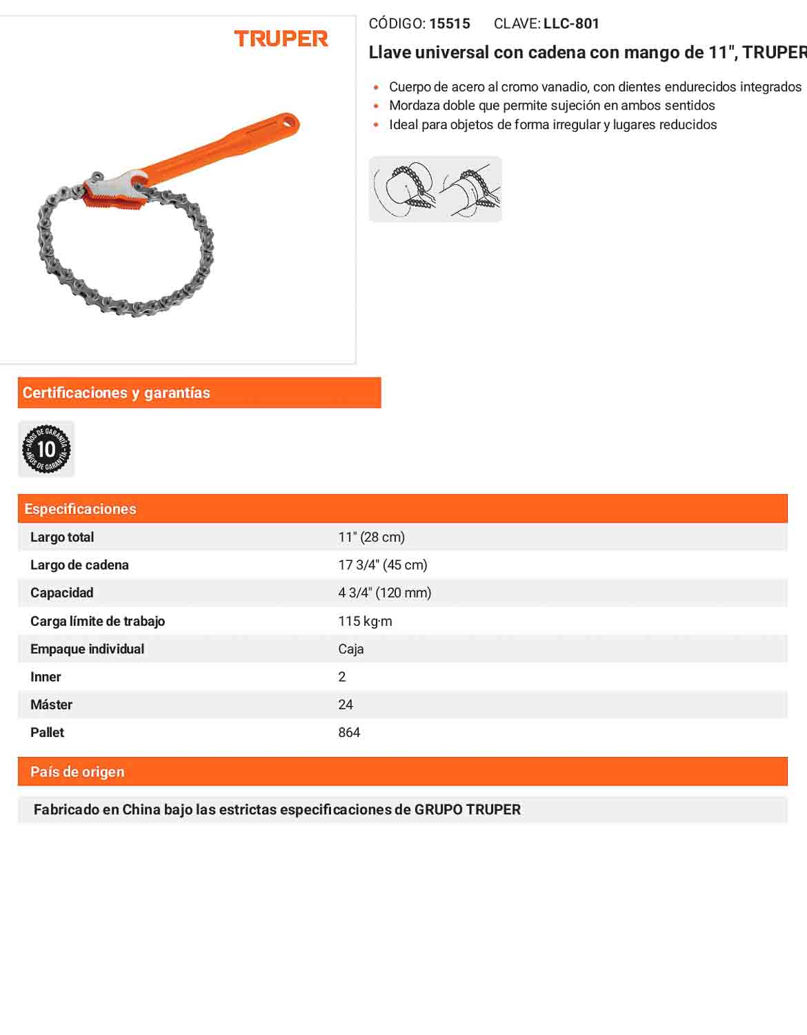Llave universal con cadena mango 11 pulg