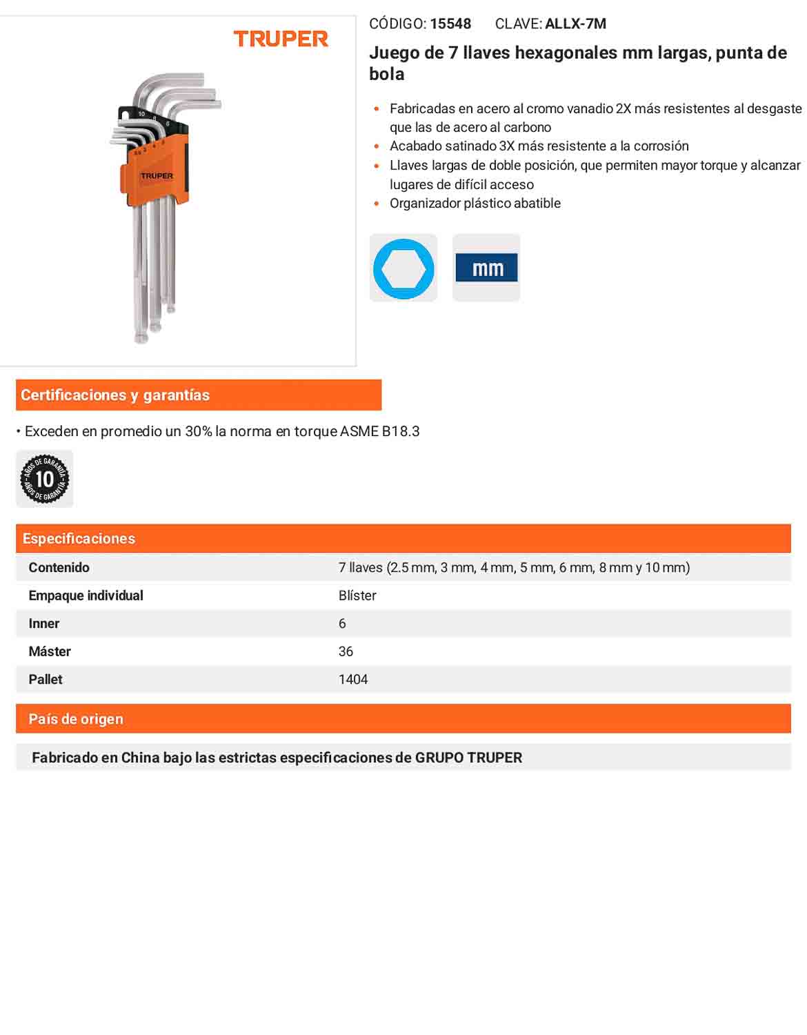 Juego 7 llaves hexagonales mm largas punta bola