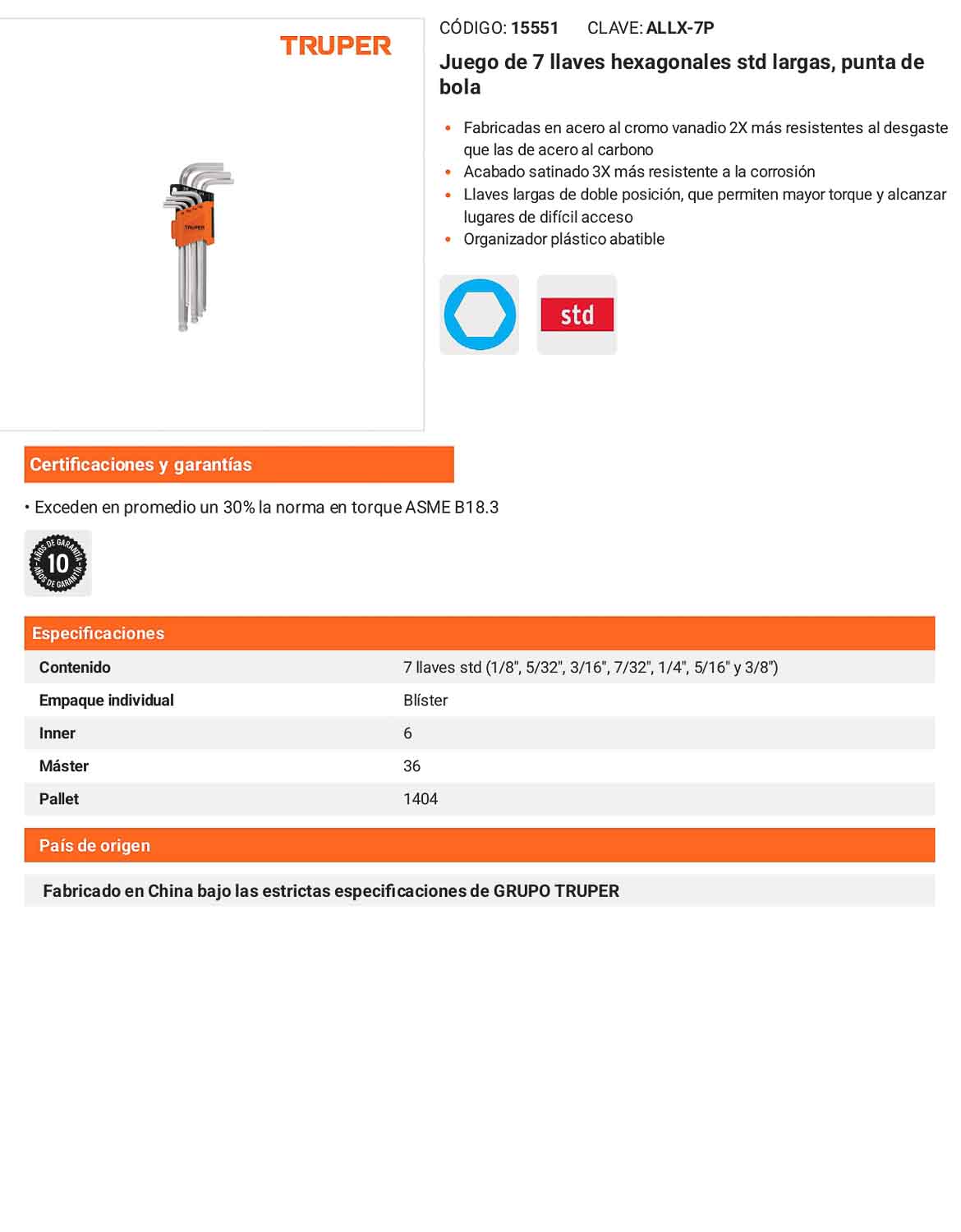 Juego 7 llaves hexagonales std largas punta bola