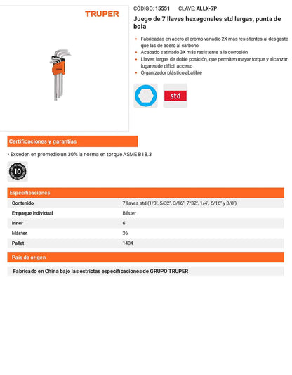 Juego 7 llaves hexagonales std largas punta bola