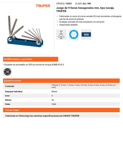 Juego 9 llaves hexagonales mm tipo navaja