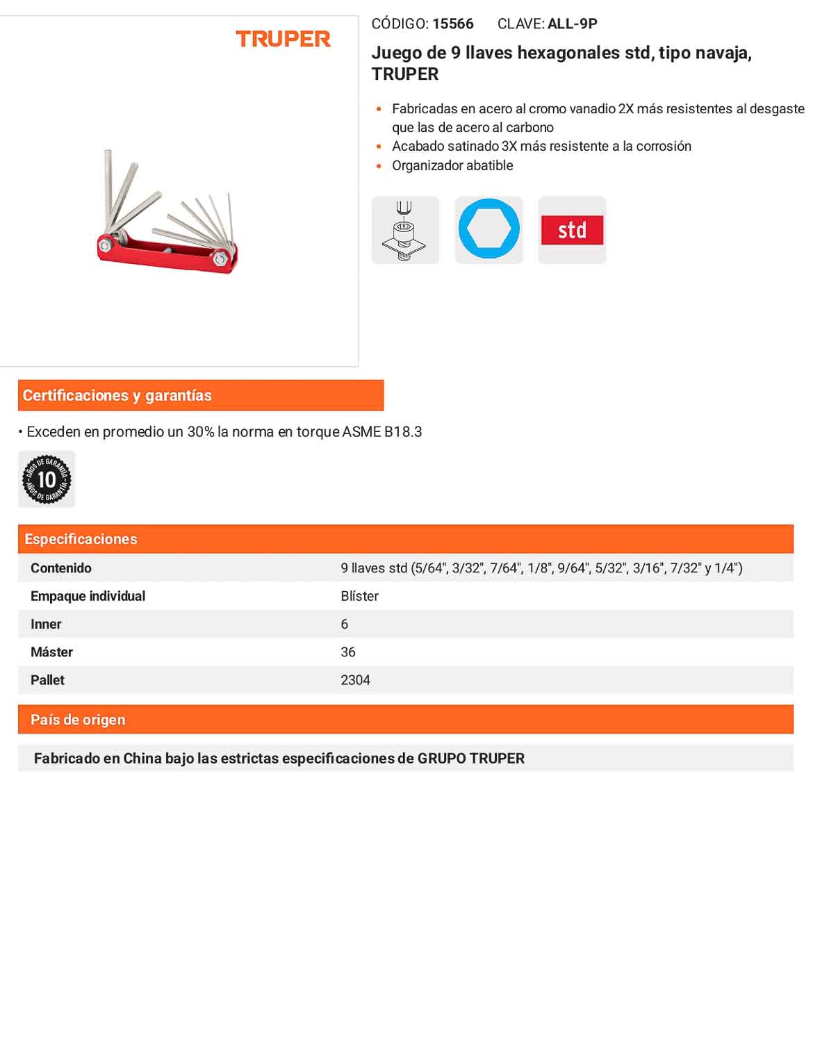 Juego 9 llaves hexagonales std tipo navaja