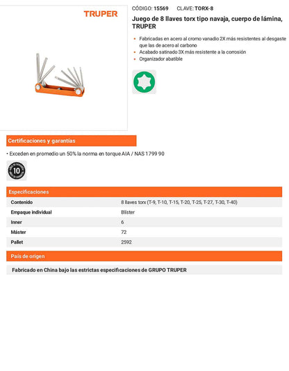 Juego 8 Llaves Torx Tipo Navaja Lámina