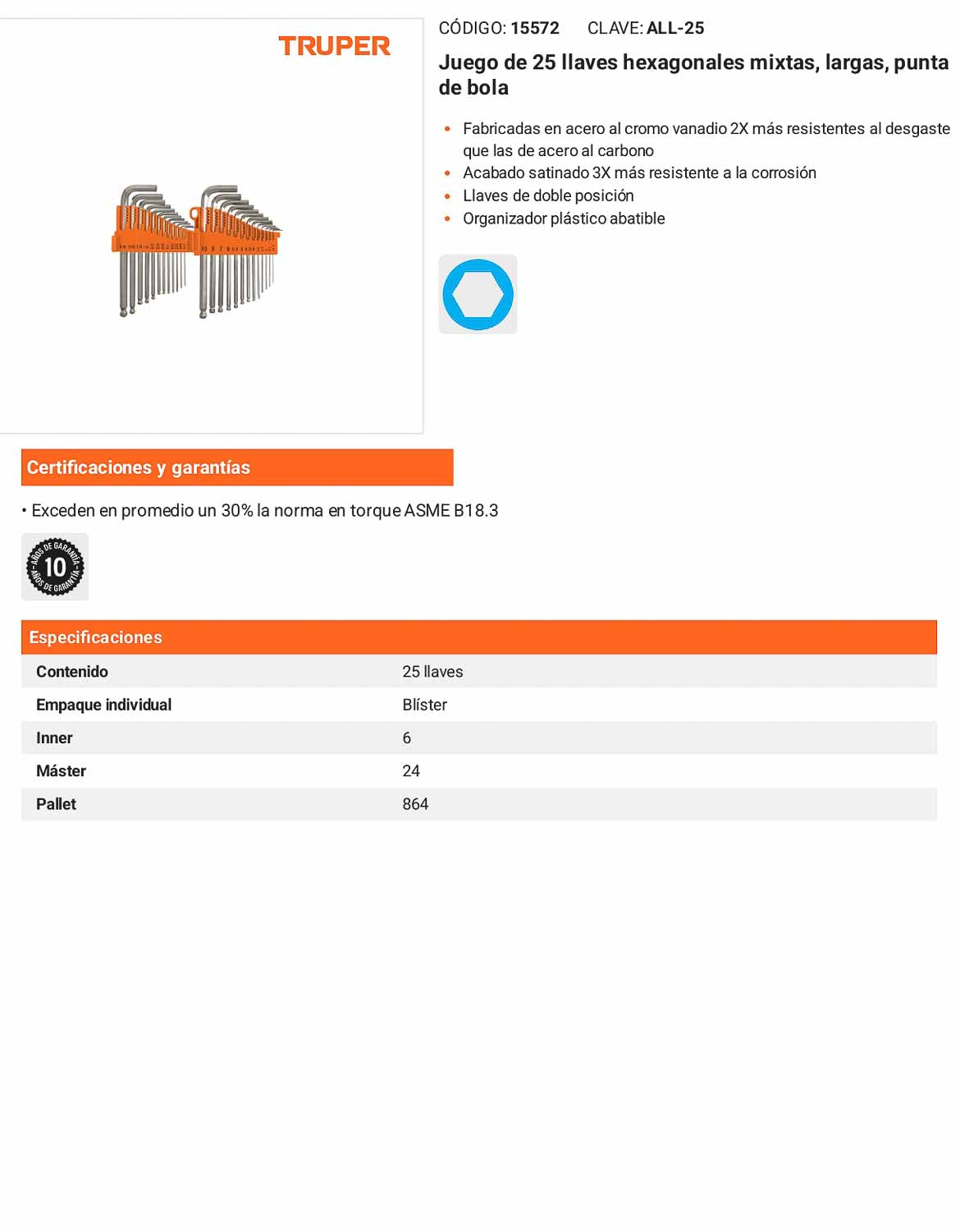 Juego 25 llaves hexagonales mixtas largas punta bola