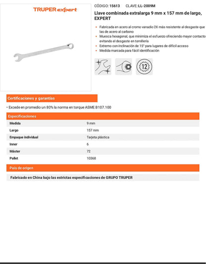 Llave combinada extralarga 9 mm con muesca hexagonal