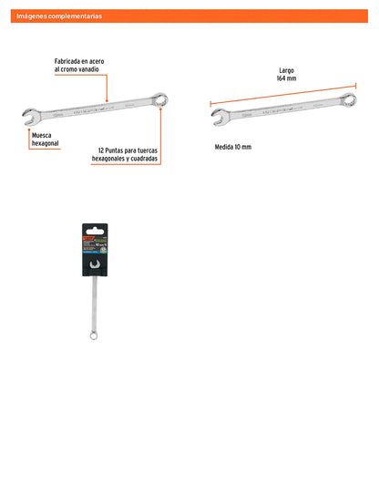 Llave combinada extralarga 10 mm con muesca hexagonal