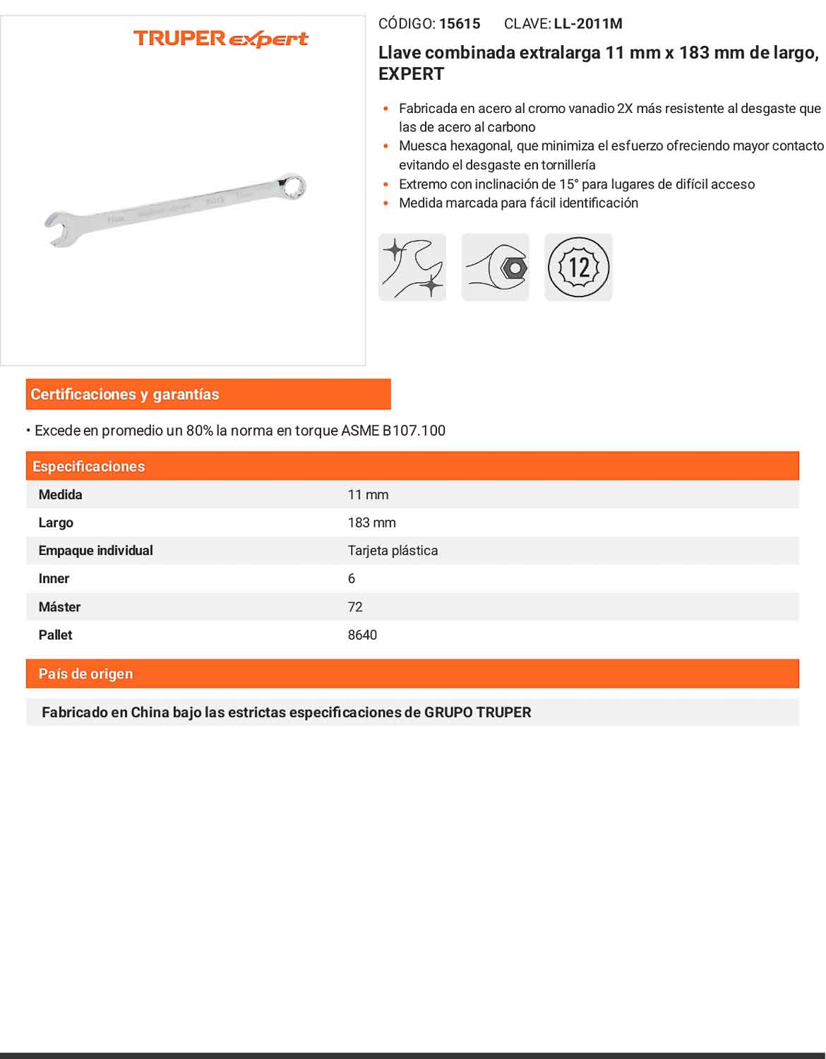 Llave combinada extralarga 11 mm con muesca hexagonal