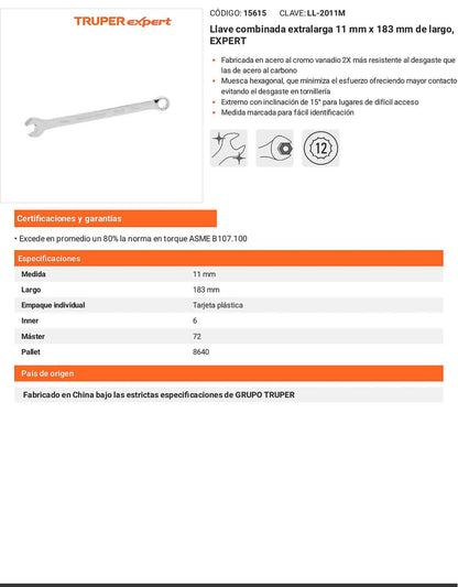 Llave combinada extralarga 11 mm con muesca hexagonal