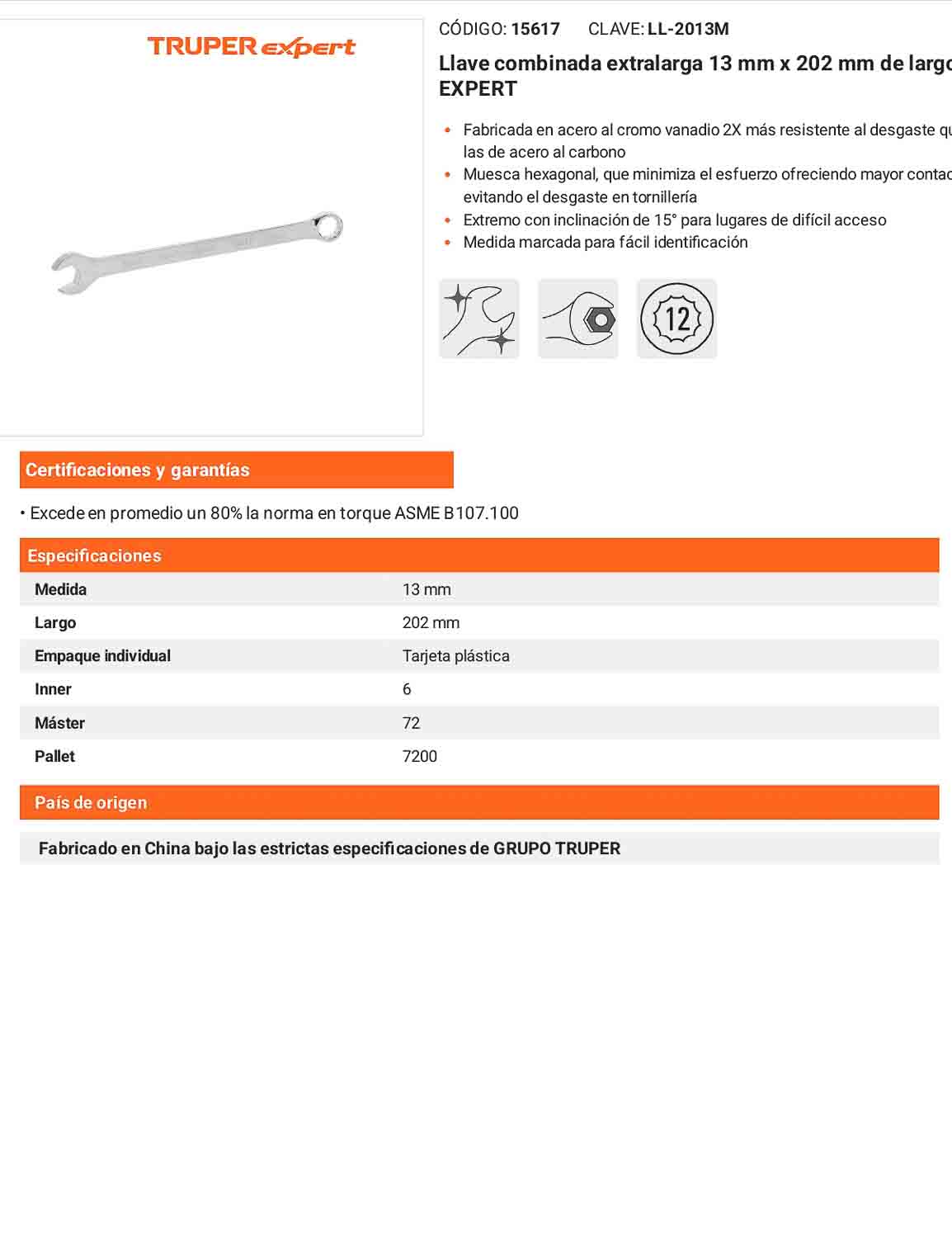 Llave combinada extralarga 13 mm con muesca hexagonal