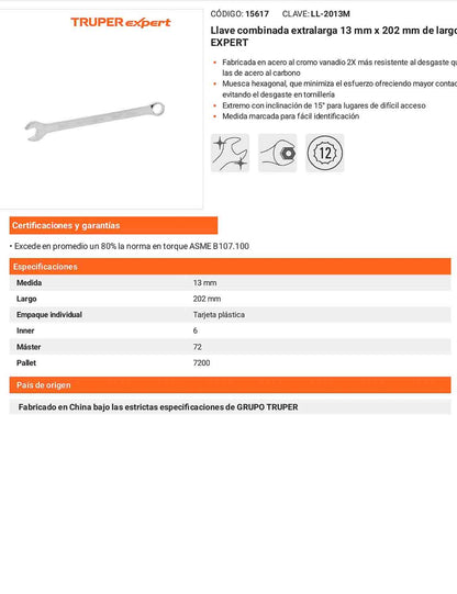 Llave combinada extralarga 13 mm con muesca hexagonal